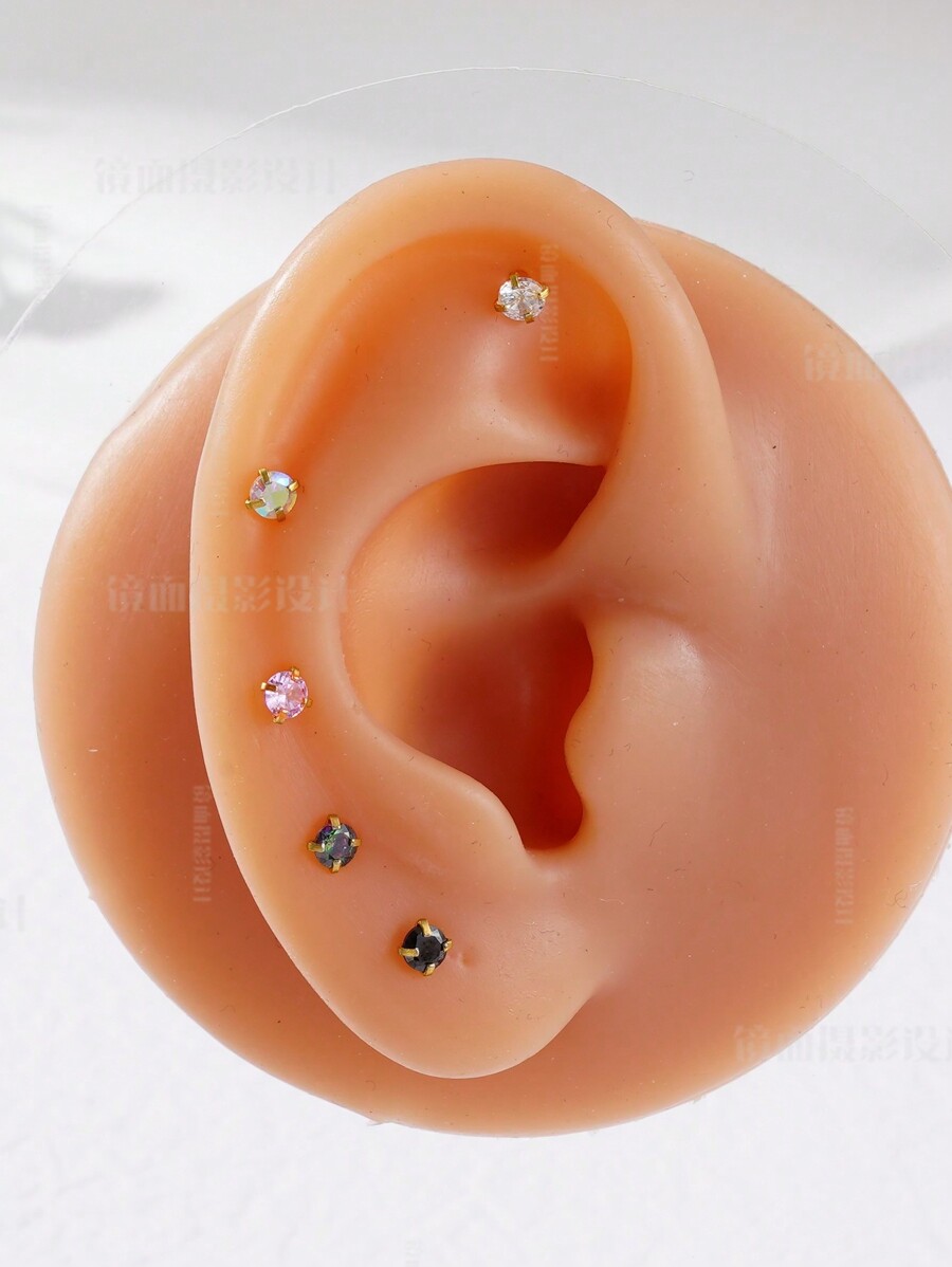 5pairs/set Unisex Cz Stud Earrings For Sensitive Ears, 5a Cubic