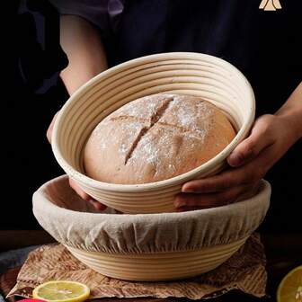Ronde fermentatiekom, handgemaakte rotanmand, met linnen stoffen hoes, geschikt voor het bakken van zuurdesem - perfect voor Halloween, Kerstmis, Thanksgiving rijs- en bakvorm
