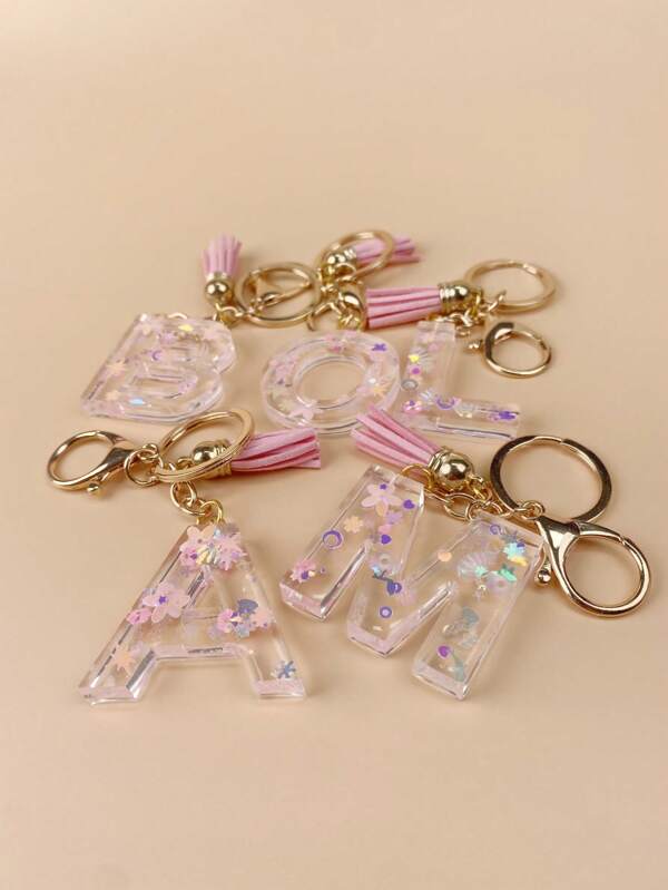 One Piece Of Initial Resin Keychain, Handmade Ornaments, Suitable For Women's Bags, Accessories, Charms, Mobile Phone Accessories Butterfly Shells, Star Sequins School Letter Car Accessories Cute Goth Y2k