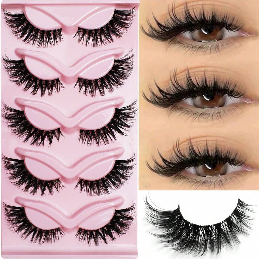 5 pares de pestañas postizas de efecto ojo de gato con banda transparente, con un aspecto natural y con un estilo aireado en pestañas falsas completas - Negro - Ver 1