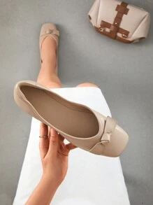 Women's Low Wedge Dressy Flats, Comfortable Square Toe Rhinestone Wedding Shoes - Apricot - View 4
