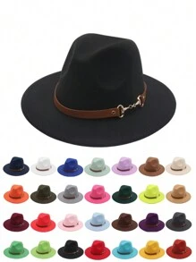 1pc Denim Fedora Hat, Classic Black Wool Felt Vintage Jazz Cap, Adjustable Small Leather Belt Buckle Unisex English Retro Wool Felt Hat, Western Fashion Autumn/Winter Panama Cowboy Felt Hat, Simple Metal Ring Leather Belt Brim Fedora Hat, Versatile Style For Men & Women