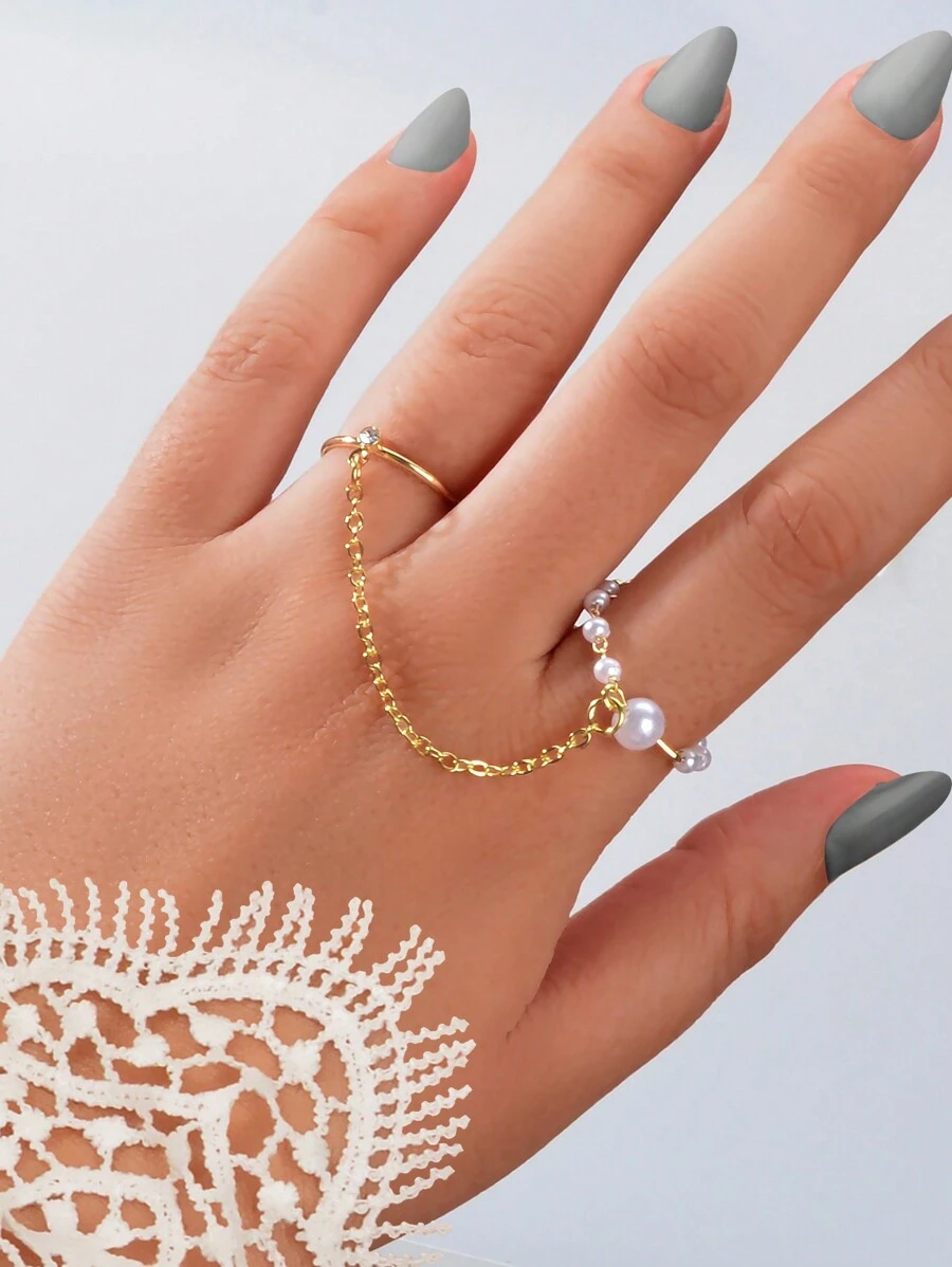 Đồ trang trí Ngọc Trai giả Nhẫn Nối tiếp - Vàng - Xem 1