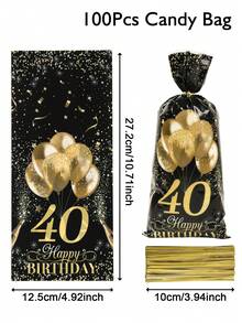 25/50/100pcs Black Gold Happy 40th Birthday Gift Bags, Goodie Bags Party Favor Candy Bags With Golden Twist Ties Cookie Packaging Gift Bags For Birthday Party Supplies - Multicolor - View 8