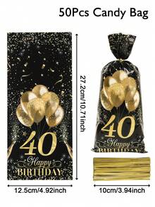 25/50/100pcs Black Gold Happy 40th Birthday Gift Bags, Goodie Bags Party Favor Candy Bags With Golden Twist Ties Cookie Packaging Gift Bags For Birthday Party Supplies - Multicolor - View 7