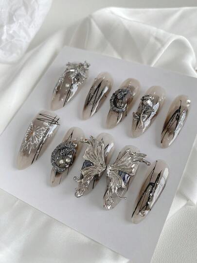 10 Pieces Acrylic Press On Nails,Summer Nails Press On Nails Beach Essentials, Beautiful Almond Press-On Nails Fake Nails, DIY, Halloween Nail Supplies,Fusion Silver Butterfly Dark Gradient Star Moon Grey Nail Polish,Suitable For Ladies To Use In Weddings, Parties, Holidays, Gift Nail Tools.