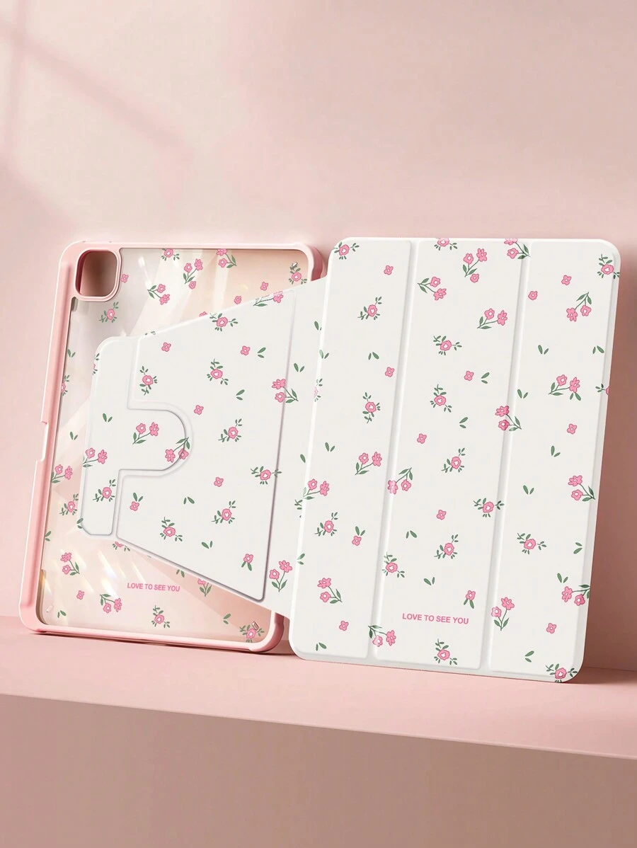 A Beautiful Ditsy Floral Double-Sided UV Printing 720° Rotating Acrylic Transparent Crystal Back Panel Shockproof Tablet Case With Pen Slot, Sleep/Wake Function Compatible With Huawei/ Compatible With IPad/ Compatible With Xiaomi/ Compatible With Samsung