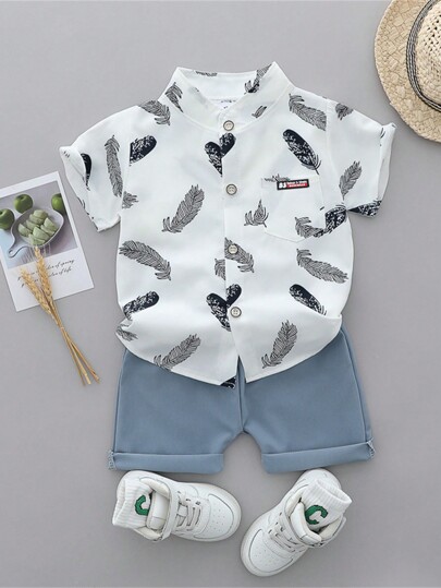 Baby Boy Summer Cartoon Dinosaur Allover Print Shirt And Shorts Set