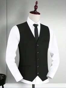 Vintage Solid Vest, Business Formal Waistcoat, Fashionable Men Apparel - Black - View 1