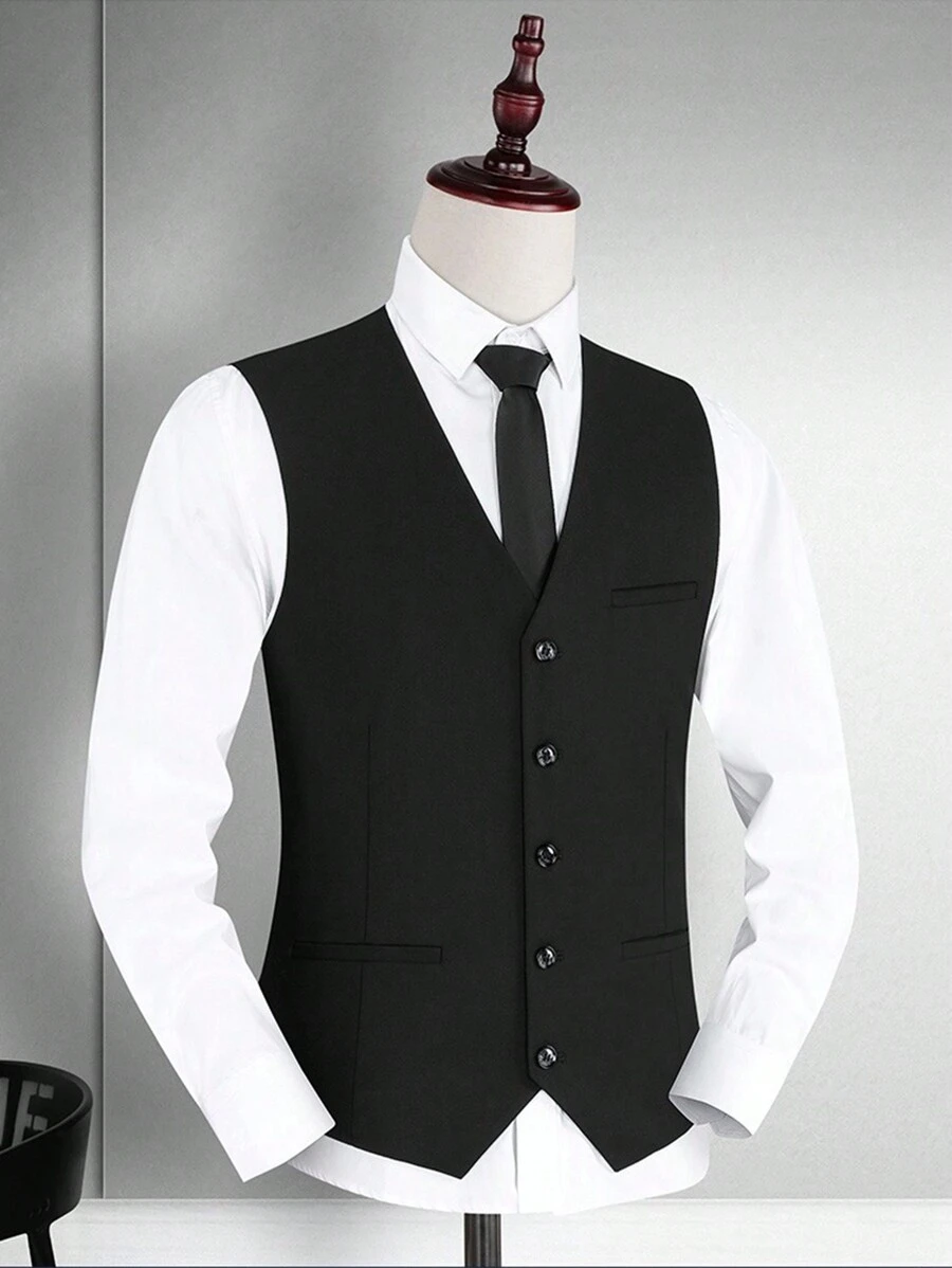 Vintage Solid Vest, Business Formal Waistcoat, Fashionable Men Apparel - Black - View 1