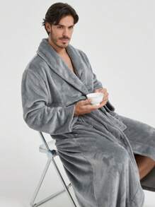1 Pc Unisex Flannel Kimono Robe With Patch Pockets, Casual Loose Fit Homewear, Suitable For Spring, Autumn, Winter