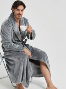 1 Pc Unisex Flannel Kimono Robe With Patch Pockets, Casual Loose Fit Homewear, Suitable For Spring, Autumn, Winter