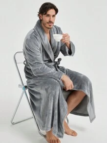 1 Pc Unisex Flannel Kimono Robe With Patch Pockets, Casual Loose Fit Homewear, Suitable For Spring, Autumn, Winter
