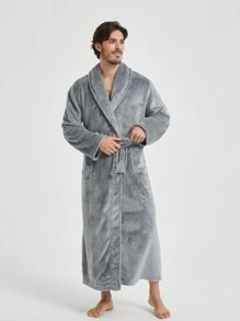 1 Pc Unisex Flannel Kimono Robe With Patch Pockets, Casual Loose Fit Homewear, Suitable For Spring, Autumn, Winter