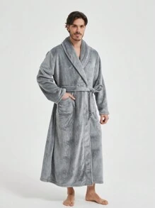 1 Pc Unisex Flannel Kimono Robe With Patch Pockets, Casual Loose Fit Homewear, Suitable For Spring, Autumn, Winter