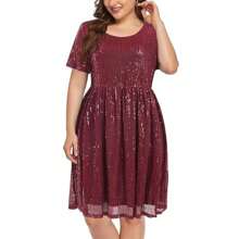 Women's Sequin Plus Size Mini Dress Short Sleeve Scoop Neck Pleated A Line Cocktail Party Dresses - 酒紅色 - 查看 1