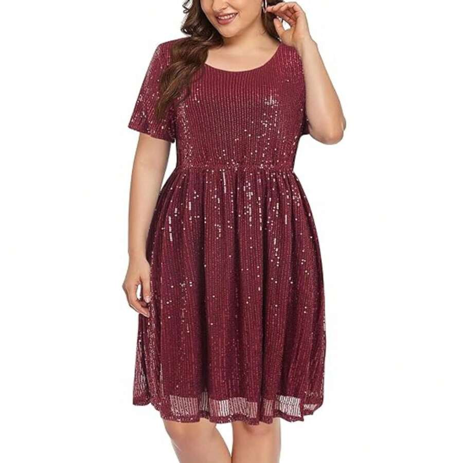 Women's Sequin Plus Size Mini Dress Short Sleeve Scoop Neck Pleated A Line Cocktail Party Dresses - 酒紅色 - 查看 1
