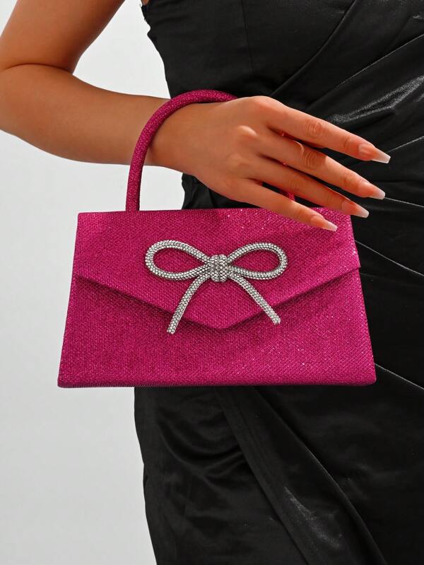 SIIZA Rose Red Glitter Bowknot Decorate Purse With Top Handle Evening Bag Pretty Gift Bags Wedding Party Shoulder Bag For Festivals/Vacation/Holiday Valentines