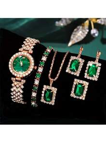 6 件/套优雅石英表和珠宝套装，镶嵌奢华水钻 - 送给妈妈的礼物 - 綠色 - 查看 2