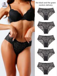 5pcs/Set Women's Sexy Lace Trim Sheer Bow Tie Decorated Panties - Dark Green - View 1