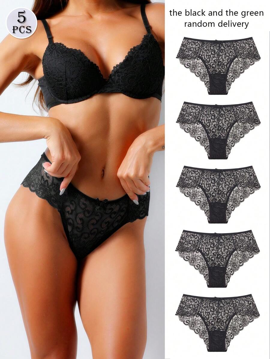 5pcs/Set Women's Sexy Lace Trim Sheer Bow Tie Decorated Panties - Dark Green - View 1