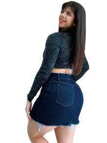 Women Denim Skirts - 深色水洗藍 - 查看 5