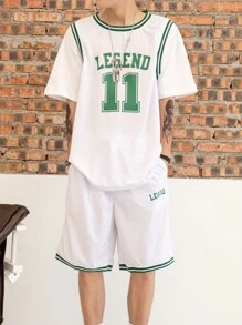 Boyfriend Style Men's Sports Suit Round Neck Letter & Number Print Short Sleeve Outdoor Sports Shorts Basketball Jersey - White - View 1