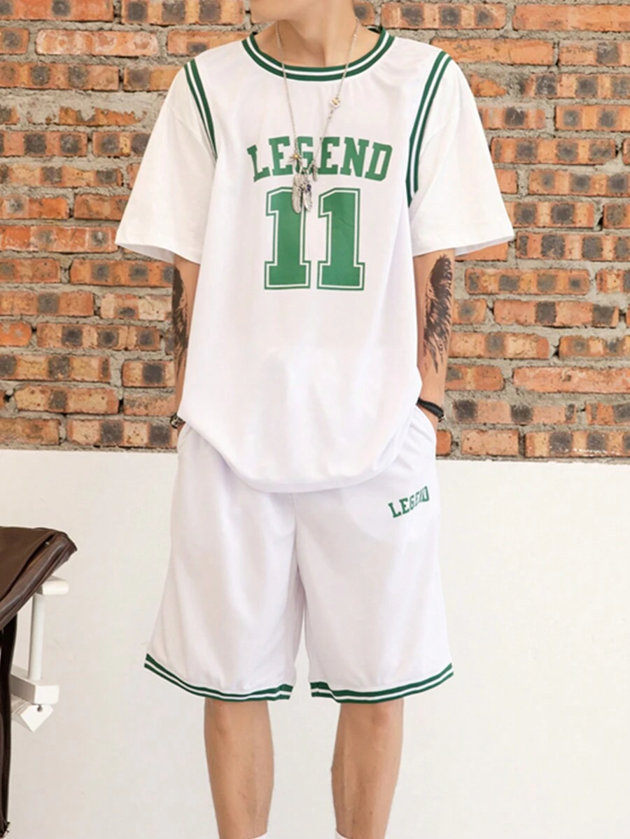 Boyfriend Style Men's Sports Suit Round Neck Letter & Number Print Short Sleeve Outdoor Sports Shorts Basketball Jersey - White - View 1