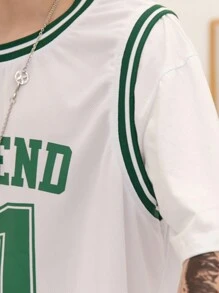 Boyfriend Style Men's Sports Suit Round Neck Letter & Number Print Short Sleeve Outdoor Sports Shorts Basketball Jersey - White - View 5