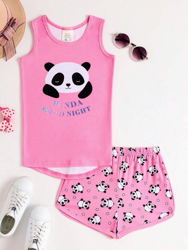Ensemble de pyjama ajusté pour préadolescente fille, 2 pièces, gilet et short imprimés panda mignon, vêtements détente pour la maison