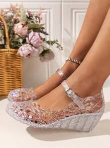 Sandalias de verano de moda para niñas con decoración de cristal azul, diseño calado de zapatos de princesa para niños, zapatos para uso exterior con tacón grueso para mujeres con suela de plástico resistente al deslizamiento y al desgaste con cristal - Blanco - Ver 2