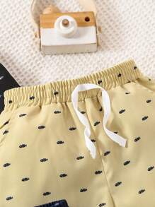 3pcs Young Boy Casual Fishbone Printed Shorts Set, Suitable For Summer Outdoor Activities, School, Daily Wear, Leisure, Vacation, Parties