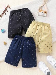 3pcs Young Boy Casual Fishbone Printed Shorts Set, Suitable For Summer Outdoor Activities, School, Daily Wear, Leisure, Vacation, Parties