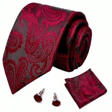 AlanKing 1 Set Of Men's Business Formal Tie With Matching Pocket Square And Cufflinks, Burgundy Paisley Men Necktie