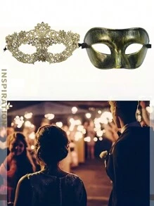 2 pièces Masques vénitiens en plastique noirs et dorés en dentelle pour le bal masqué, le carnaval, les couples/unisexe convenant pour le mariage, le bal de promo, le Mardi Gras, le festival d'Halloween