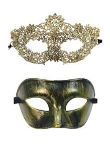 2 pièces Masques vénitiens en plastique noirs et dorés en dentelle pour le bal masqué, le carnaval, les couples/unisexe convenant pour le mariage, le bal de promo, le Mardi Gras, le festival d'Halloween