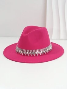 1pc Unisex Solid Color Felt Cowboy Hat With Fringe, Fashionable Faux Gemstone & Rhinestone Decor Hat Belt Chain Droplet Charm Accessories - Gem - View 16