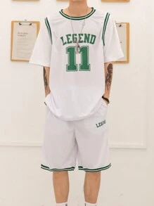 Boyfriend Style Men's Sports Suit Round Neck Letter & Number Print Short Sleeve Outdoor Sports Shorts Basketball Jersey - White - View 3