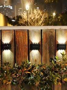 2pcs Mini Innovative Solar Powered Wall Lights, 6 LED Black Up & Down Lighting Wall Sconce, Outdoor Garden Patio Street Plaza Landscape Lighting, Waterproof Solar Wall Lamp, Outdoor Entrance Exterior Solar Decorative Wall Light (Warm White) - Multicolor - View 2