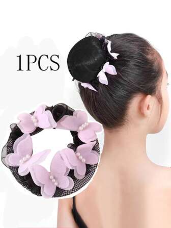 1 pieza Red para cabello de niña para danza, redecilla para moño de princesa con adorno de mariposa de pedrería, envoltura elástica para moño de cabello con cordón, adecuada para presentaciones de danza o exámenes