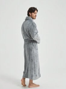 1 Pc Unisex Flannel Kimono Robe With Patch Pockets, Casual Loose Fit Homewear, Suitable For Spring, Autumn, Winter