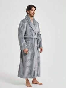 1 Pc Unisex Flannel Kimono Robe With Patch Pockets, Casual Loose Fit Homewear, Suitable For Spring, Autumn, Winter