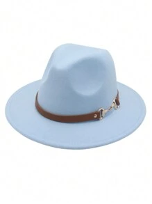 1pc Denim Fedora Hat, Classic Black Wool Felt Vintage Jazz Cap, Adjustable Small Leather Belt Buckle Unisex English Retro Wool Felt Hat, Western Fashion Autumn/Winter Panama Cowboy Felt Hat, Simple Metal Ring Leather Belt Brim Fedora Hat, Versatile Style For Men & Women