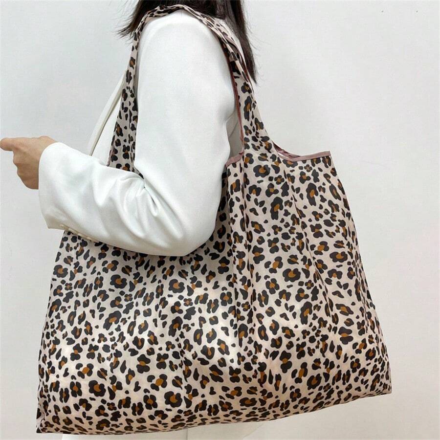 New Printing Large Reusable Grocery Shopping Bag Ladies Tote 50lb Fashion Pocket Shoulder Bag Foldable  Bag Washable Travel - Brown - View 1