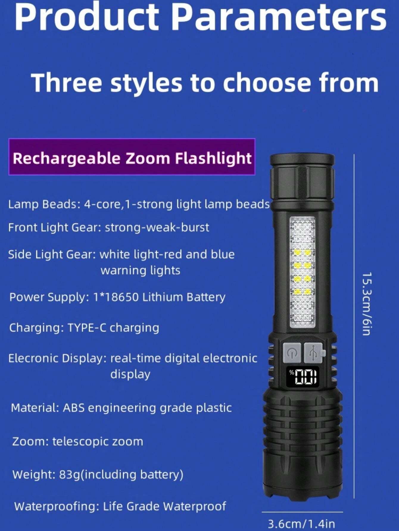1pc New Upgrade Rechargeable LED Flashlight With Digital Display ...
