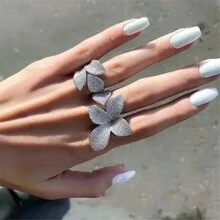 VKHK 1pc Copper & Zirconia Luxury Open Flower Design Ring, Perfect For Women To Wear On Daily Or Wedding Occasions As A Gift Valentines - Silver - View 5