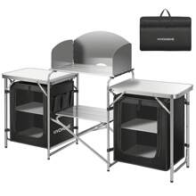 VIVOHOME Folding Camping Kitchen Table With Storage Organizer, 2 Side Tables, Stainless Steel Windscreen, Outdoor Portable Cook Station For BBQ, Picnics