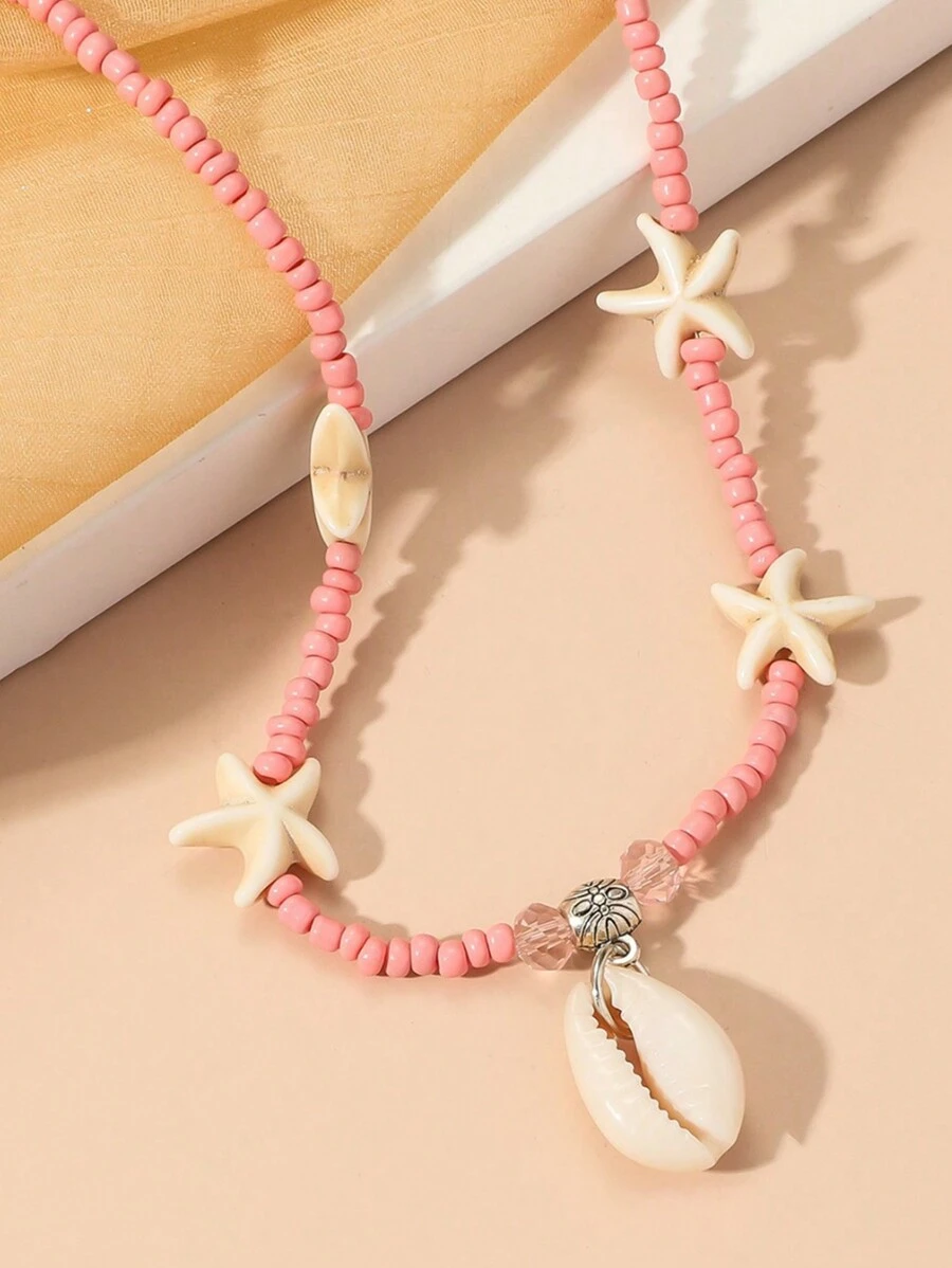1pc Bohemian Beach Style Shell Pendant Necklace, Starfish Pearl Chain For Girls On Vacation, Summer - Multicolor - View 1