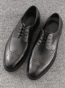 Men's Formal Business Leather Shoes, Airy And Comfortable Brogues, Low-Top Derby Shoes, Embossed British Style Dress Shoes, Wedding Shoes - Black - View 1