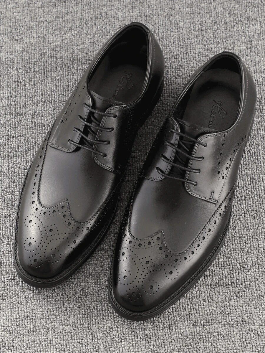 Men's Formal Business Leather Shoes, Airy And Comfortable Brogues, Low-Top Derby Shoes, Embossed British Style Dress Shoes, Wedding Shoes - Black - View 1